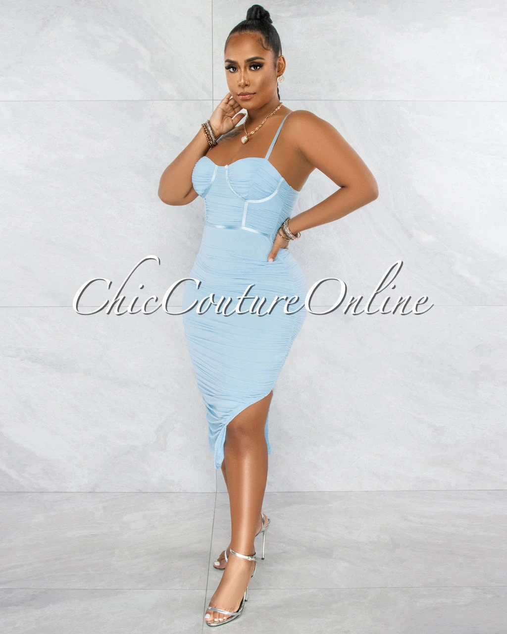 Dario Baby Blue Padded Cups Mesh Ruched Midi Dress - Image 2