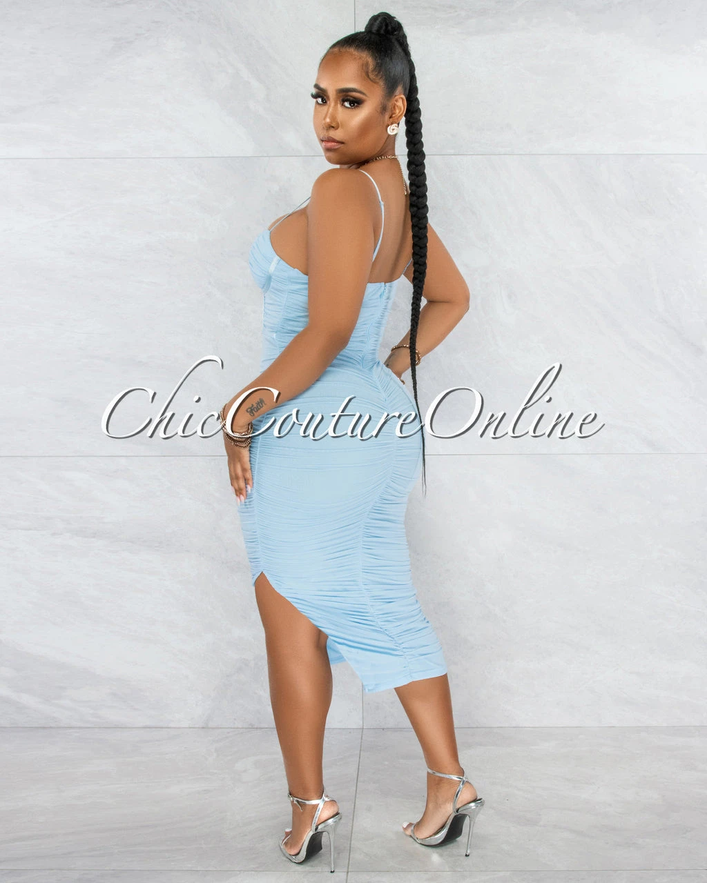 Dario Baby Blue Padded Cups Mesh Ruched Midi Dress - Image 3