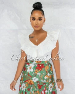 Julieta Off-White Ribbed Ruffle Neckline Bodysuit