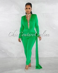 Imara Green Deep V-Neck Hip Train Accent Jumpsuit