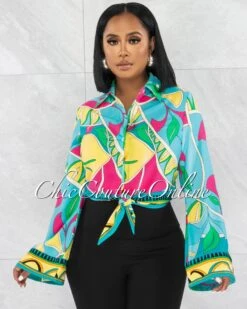 Nida Multi-Color Wide Sleeves Front Tie Shirt