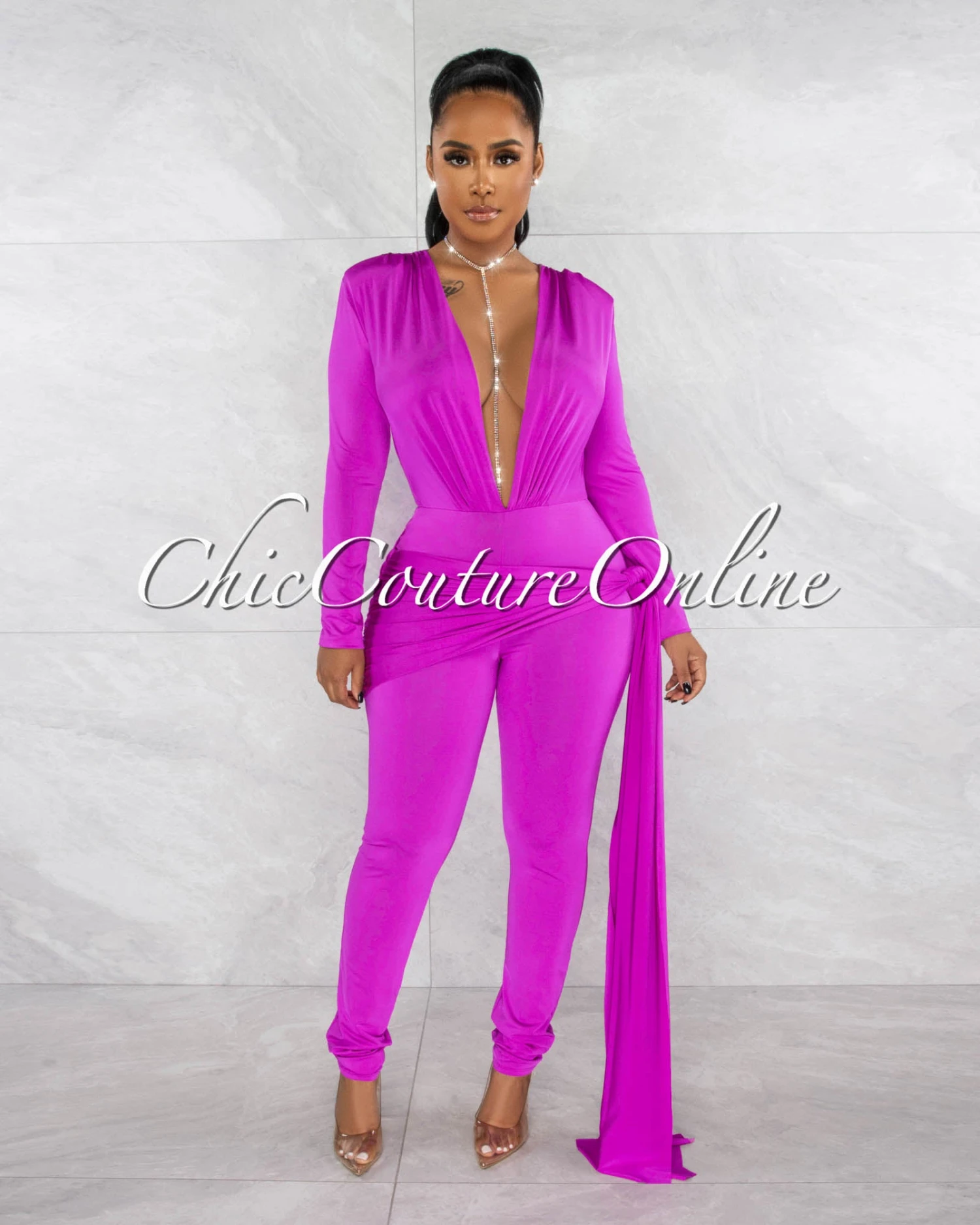 Imara Magenta Deep V-Neck Hip Train Accent Jumpsuit