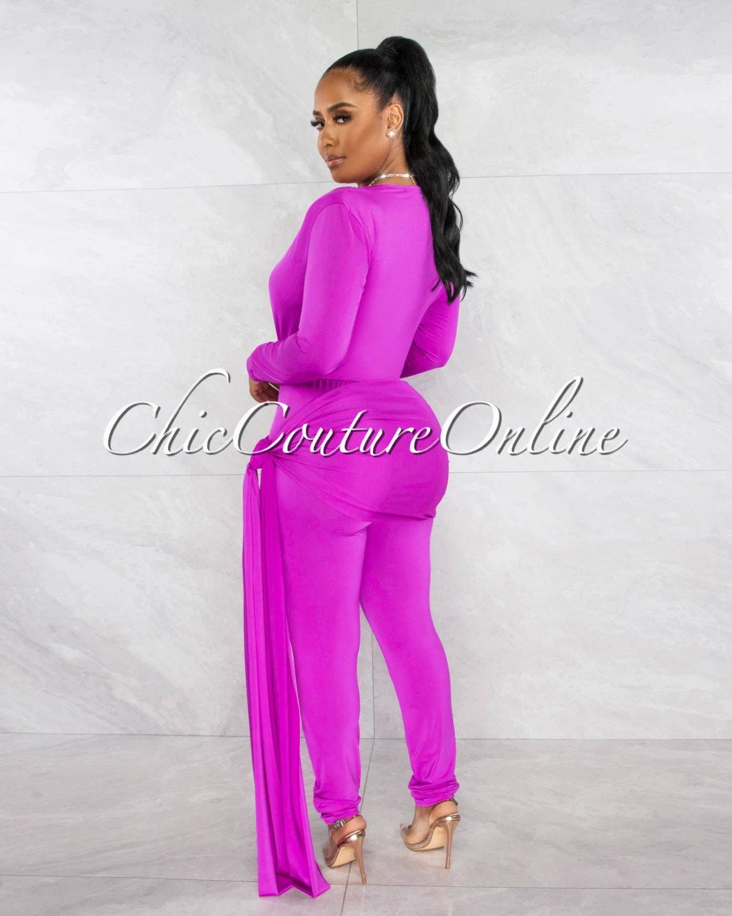 Imara Magenta Deep V-Neck Hip Train Accent Jumpsuit - Image 3
