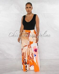 Connor Cream Orange Print Wide Silky Pants