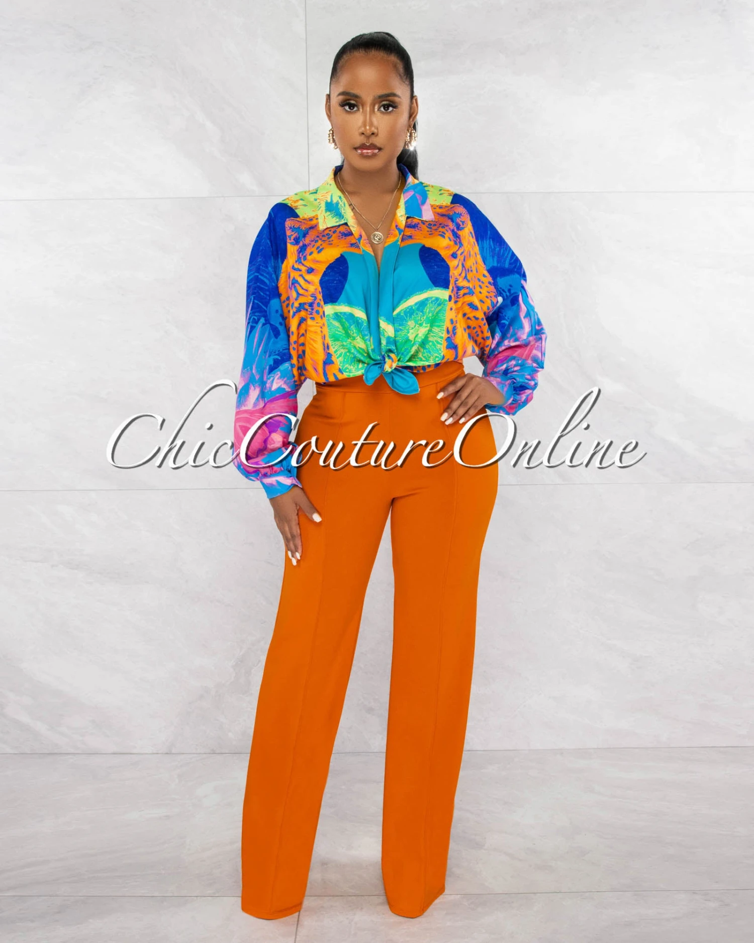 Lucinda Multi-Color Print Front Tie Blouse - Image 2