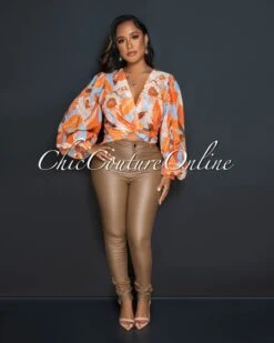 Vailea Orange Blue Print Front Knot Crop Blouse