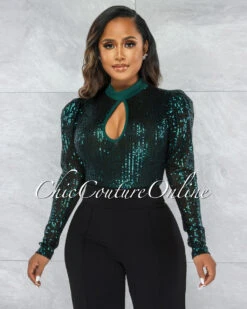 Sentida Black Teal Sequins Key-Hole Bust Bodysuit