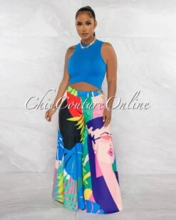 Eshey Blue Green Multi-Color Print Wide Silky Pants