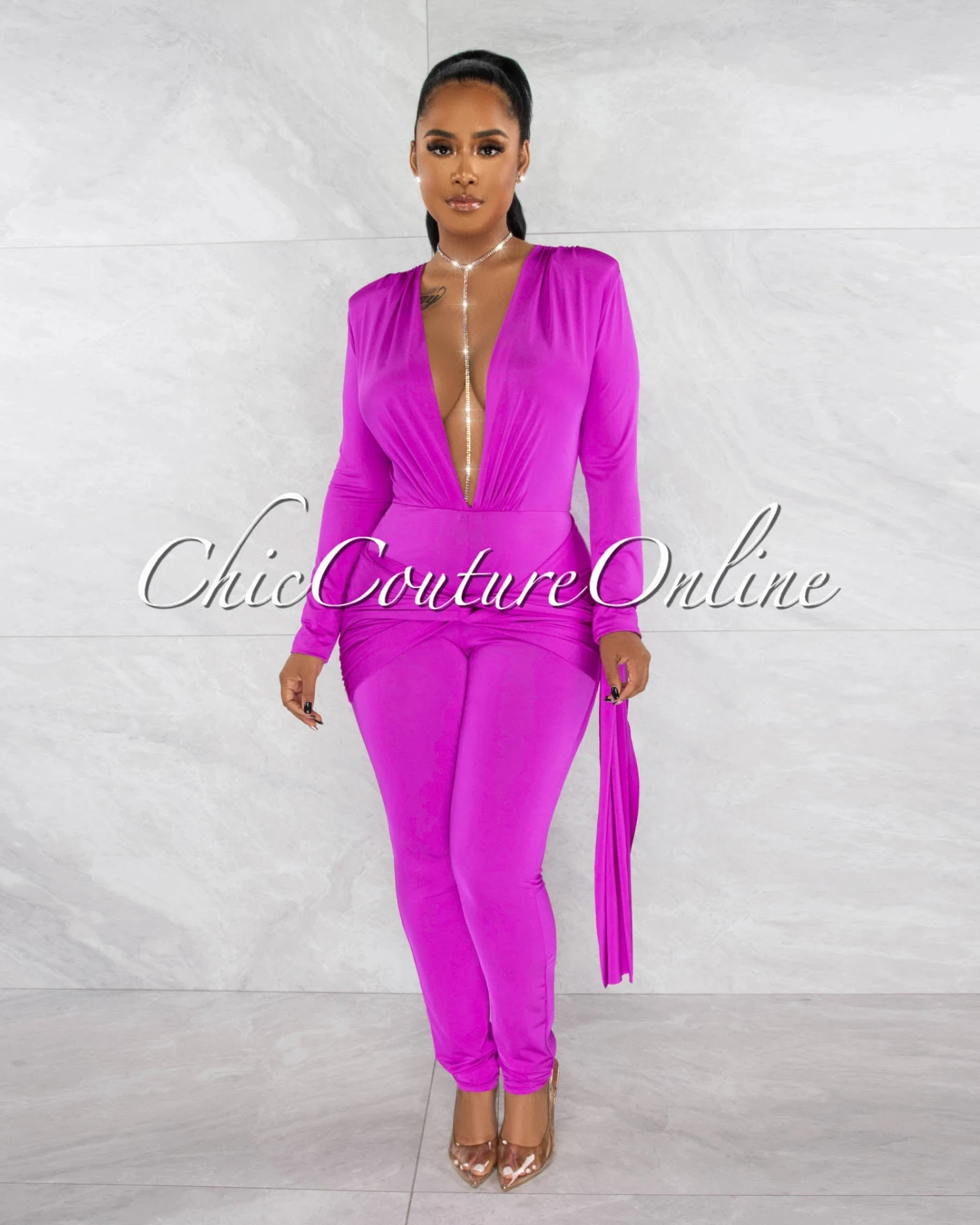 Imara Magenta Deep V-Neck Hip Train Accent Jumpsuit - Image 2