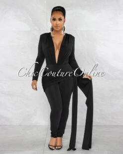 Imara Black Deep V-Neck Hip Train Accent Jumpsuit