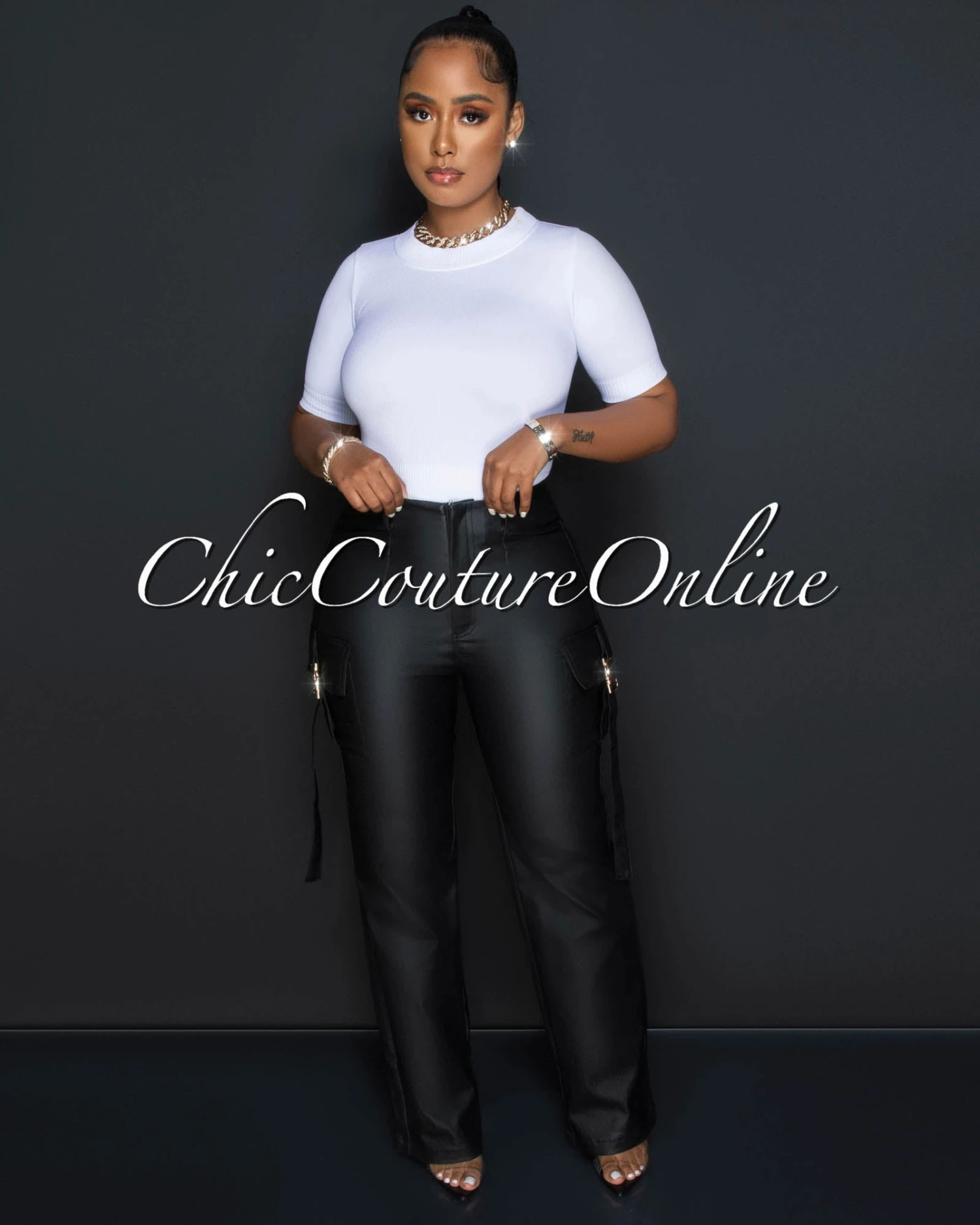 Talissa Black Gold Buckles Accent Metallic Cargo Pants - Image 2