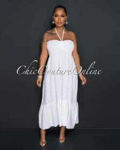 Yabel White Strapless Ruffle Hem LINEN Midi Dress