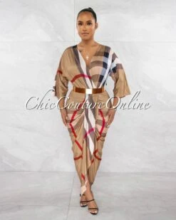 Dolga Camel Plaid Print Draped Front Midi Dress