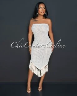 Yenis Nude Crochet Tassels Hem Midi Dress