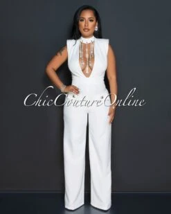 Dionne Off-White Bust Rhinestones Accent Jumpsuit