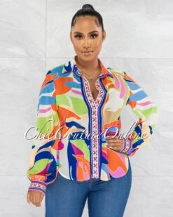 Melody Multi-Color Print Buttoned Long Sleeves Sheer Shirt