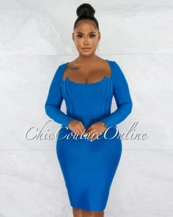 Driana Royal Blue Corset Style Bandage Midi Dress