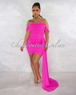 Cammy Hot Pink Ruched Mesh Off-The Shoulders Train Dress