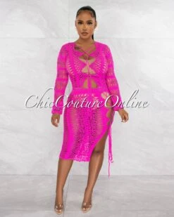 Domna Fuchsia Crochet Cover-Up Lace-Up Midi Dress
