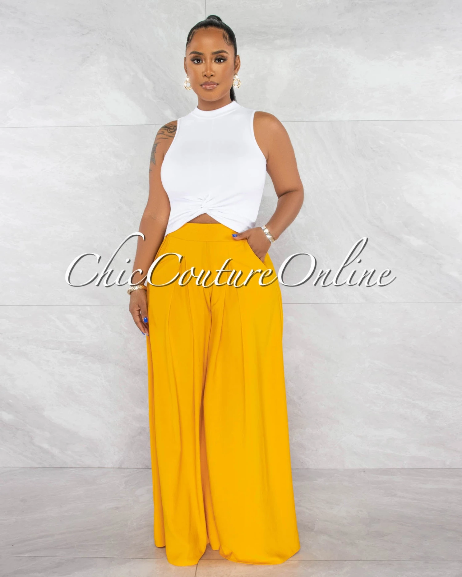 Sellah Mustard Yellow Pleated Wide Pants - Image 2