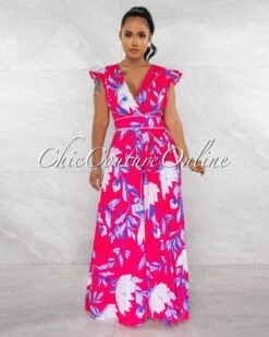 Edena Fuchsia Floral Print Pleated Jumpsuit