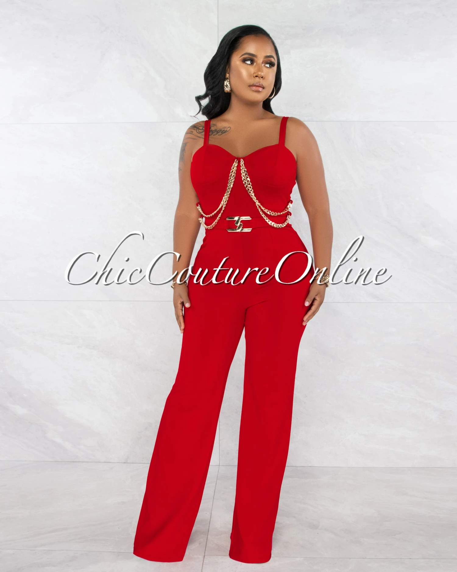 Nolanie Red Gold Link & Buckle Accent Jumpsuit - Image 2