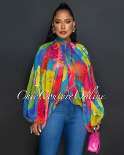 Aleja Multi-Color Print Sheer Flowy Top
