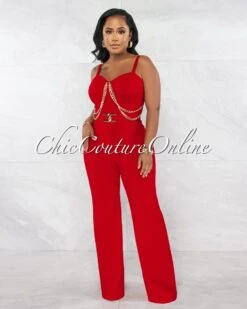 Nolanie Red Gold Link & Buckle Accent Jumpsuit