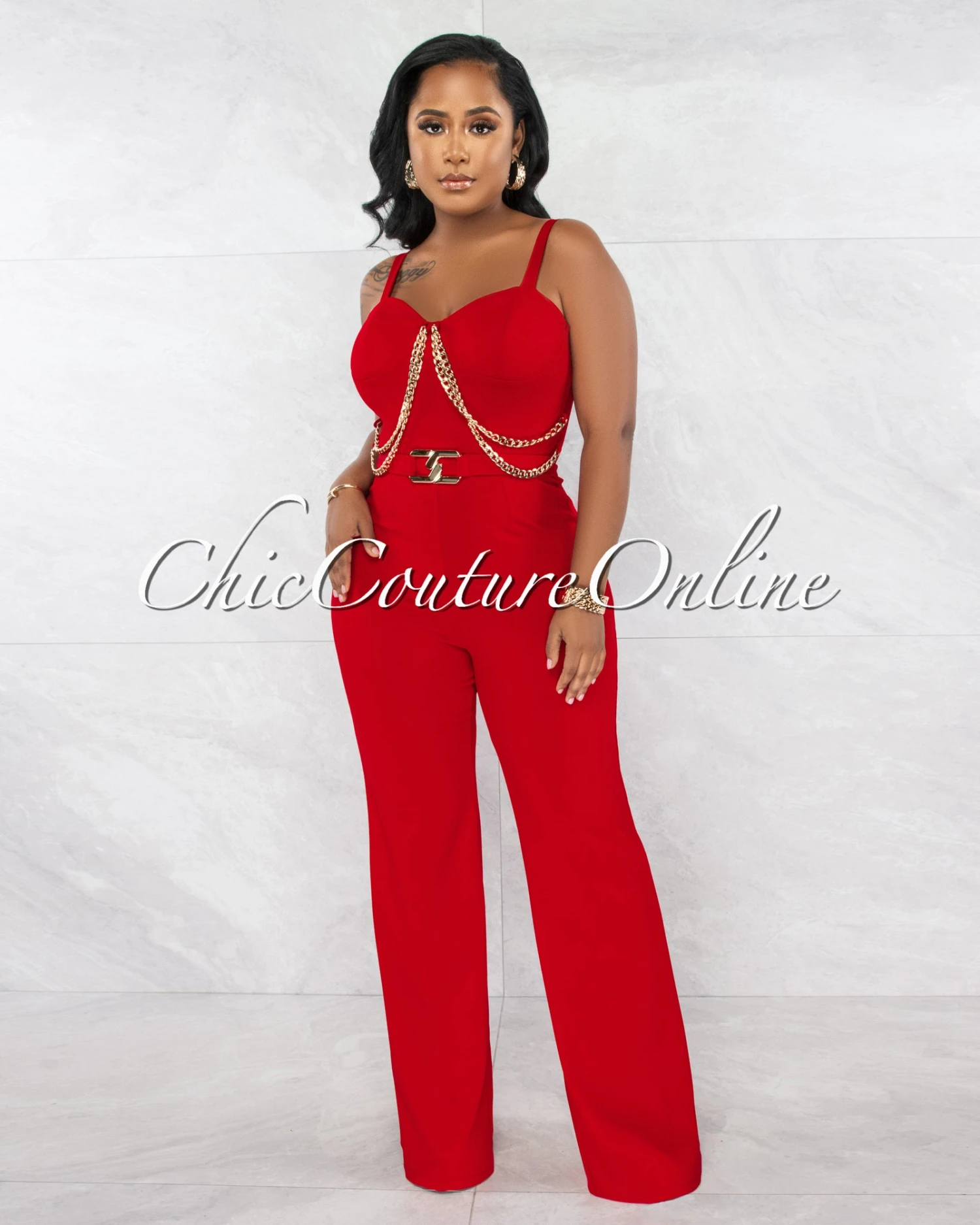 Nolanie Red Gold Link & Buckle Accent Jumpsuit