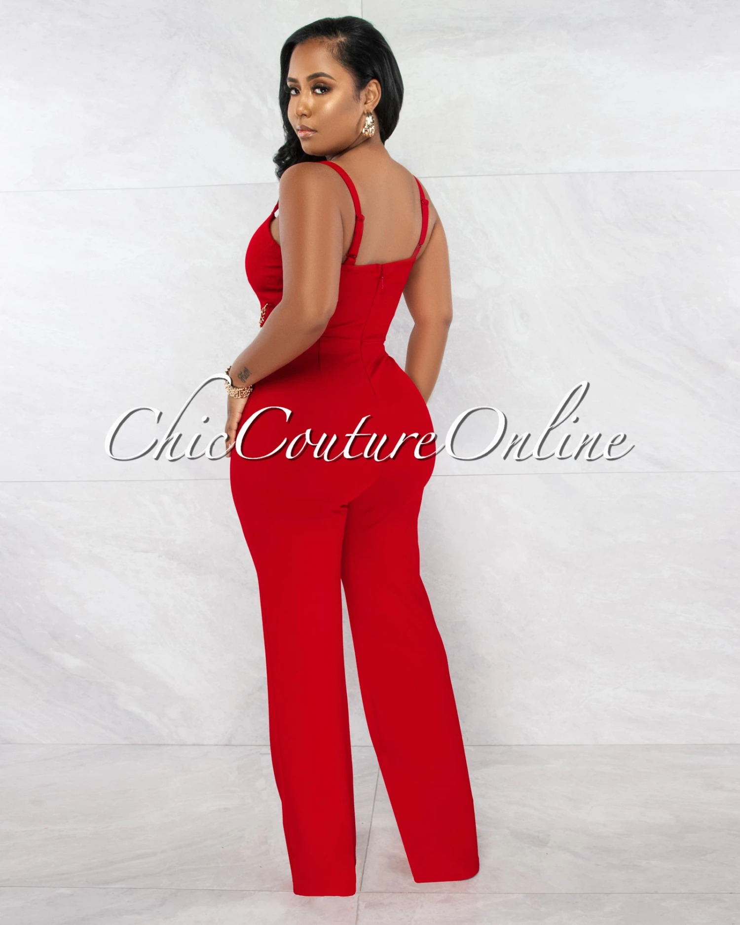 Nolanie Red Gold Link & Buckle Accent Jumpsuit - Image 3