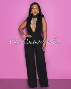Dionne Black Bust Rhinestones Accent Jumpsuit