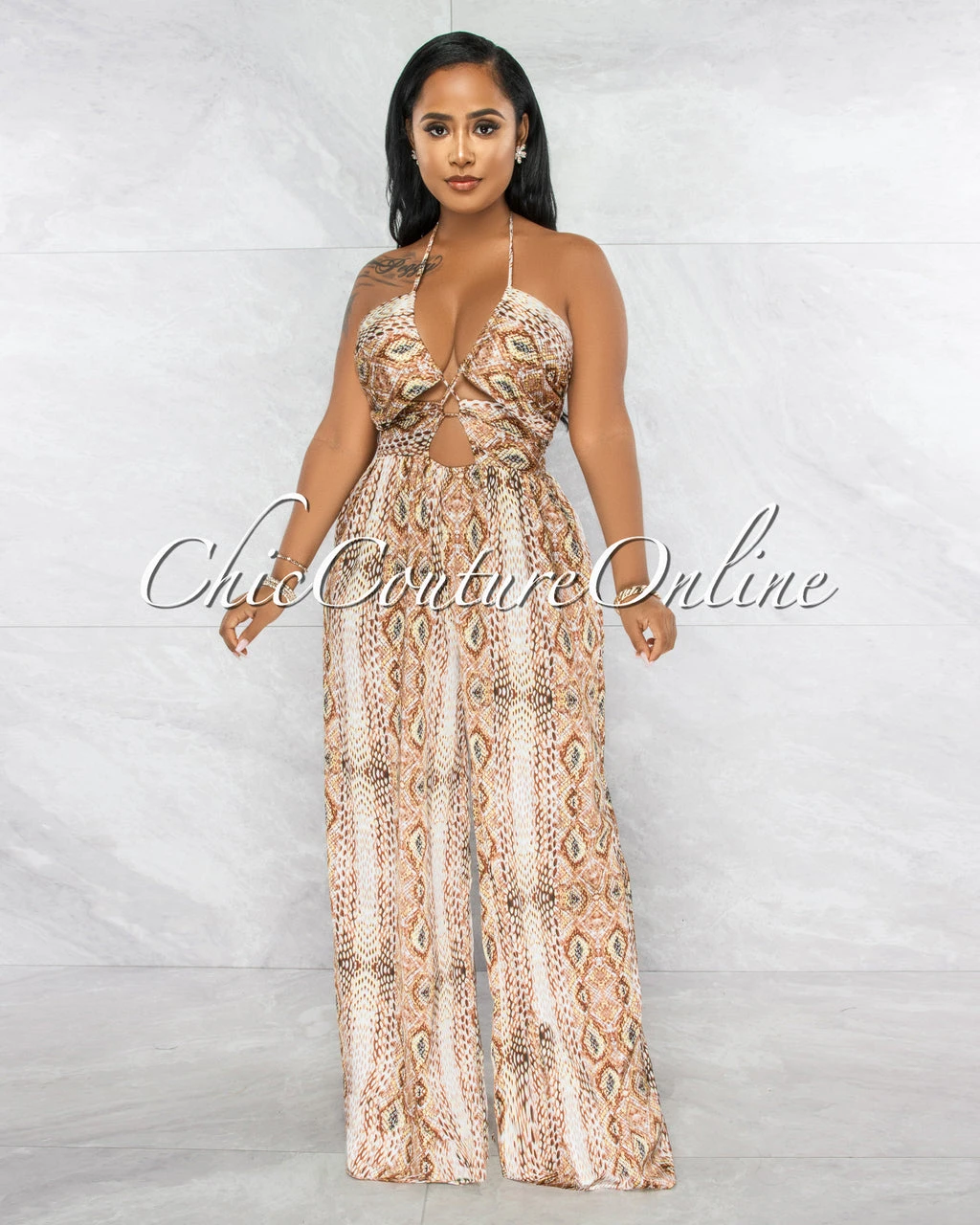 Gusty Brown Snake Print Lace-Up Satin Jumpsuit