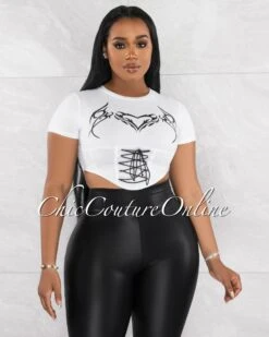 Atlanta White Black Tribal Graphic Lace-Up Crop T-Shirt