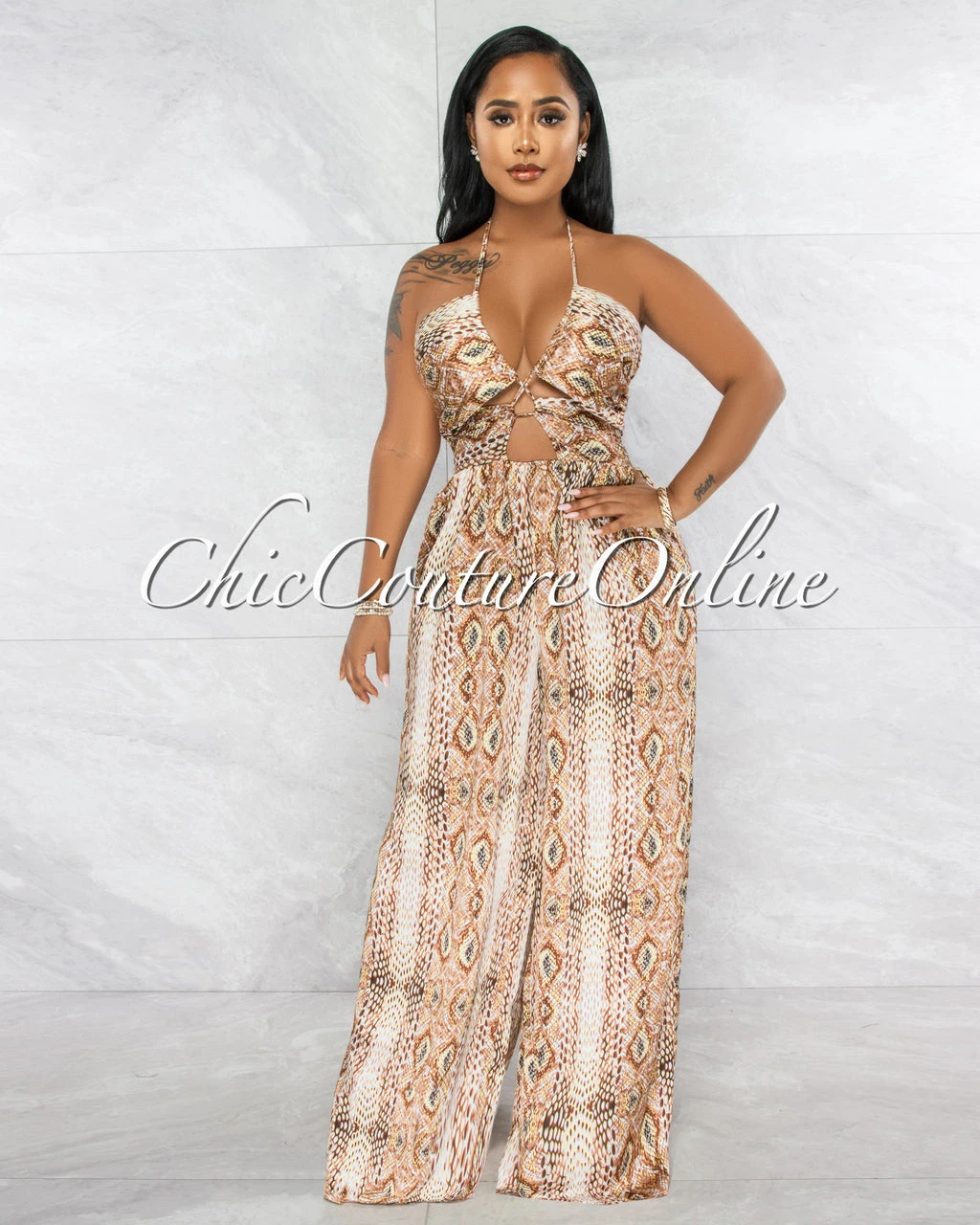 Gusty Brown Snake Print Lace-Up Satin Jumpsuit - Image 2