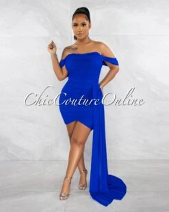 Cammy Royal Blue Ruched Mesh Off-The Shoulders Train Dress