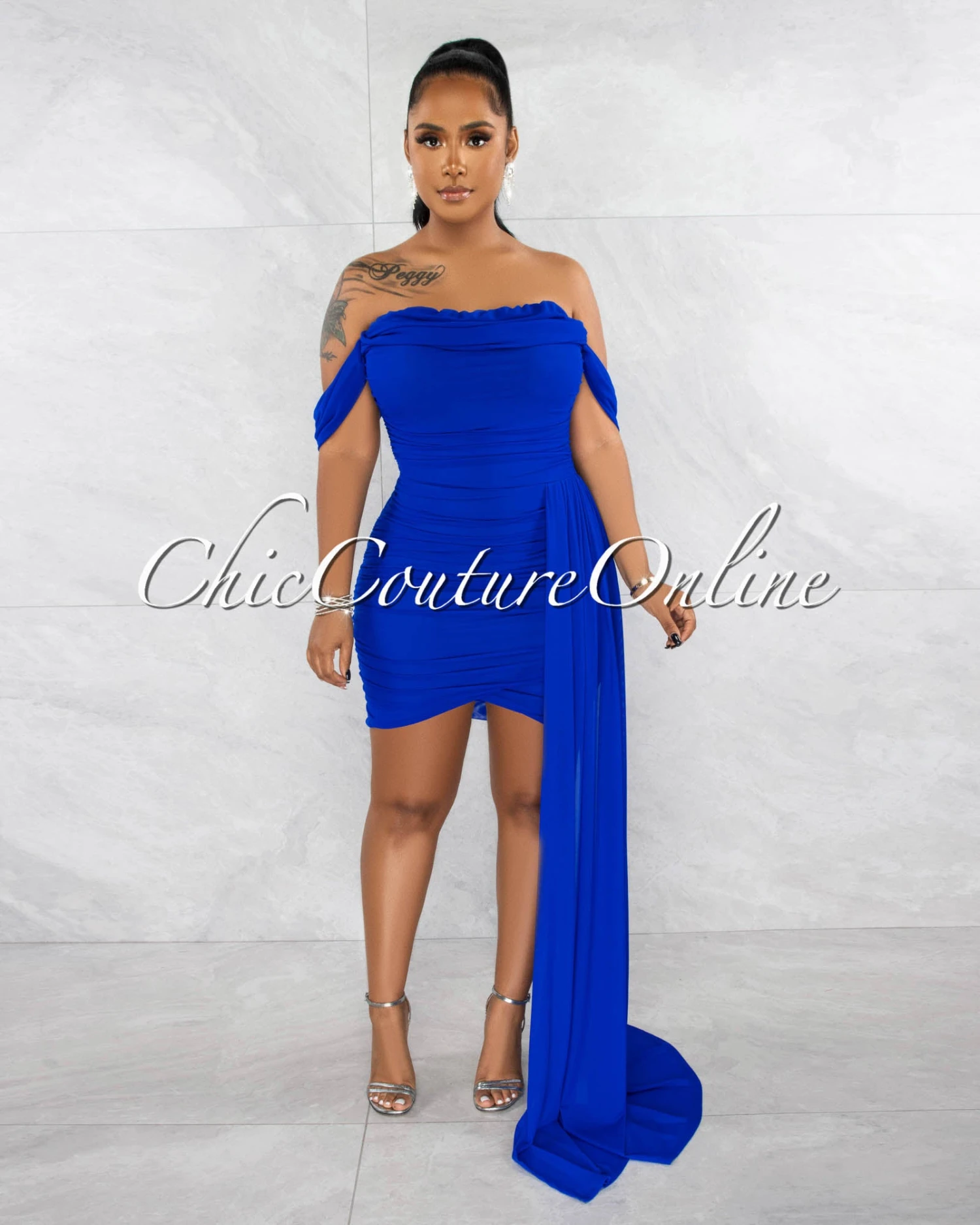 Cammy Royal Blue Ruched Mesh Off-The Shoulders Train Dress - Image 2