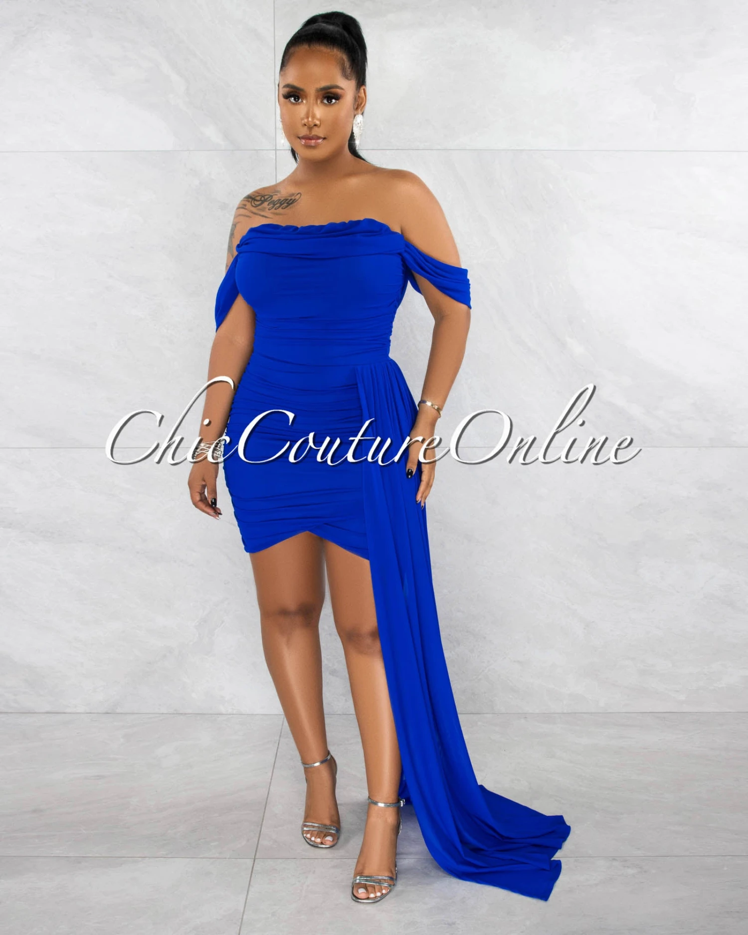 Cammy Royal Blue Ruched Mesh Off-The Shoulders Train Dress - Image 3