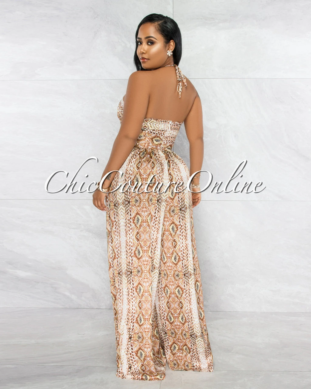 Gusty Brown Snake Print Lace-Up Satin Jumpsuit - Image 4