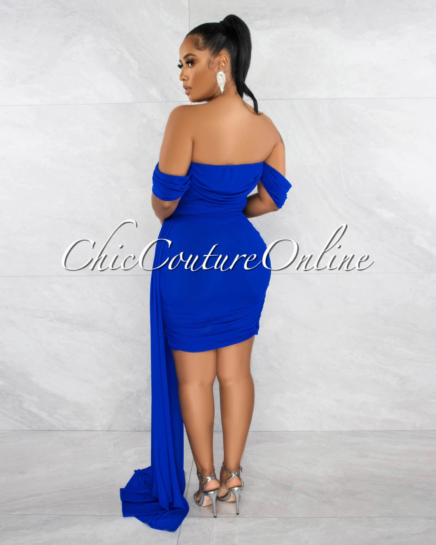 Cammy Royal Blue Ruched Mesh Off-The Shoulders Train Dress - Image 4
