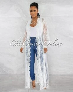 Zasio Off-White Crochet Lace Sheer Long Duster