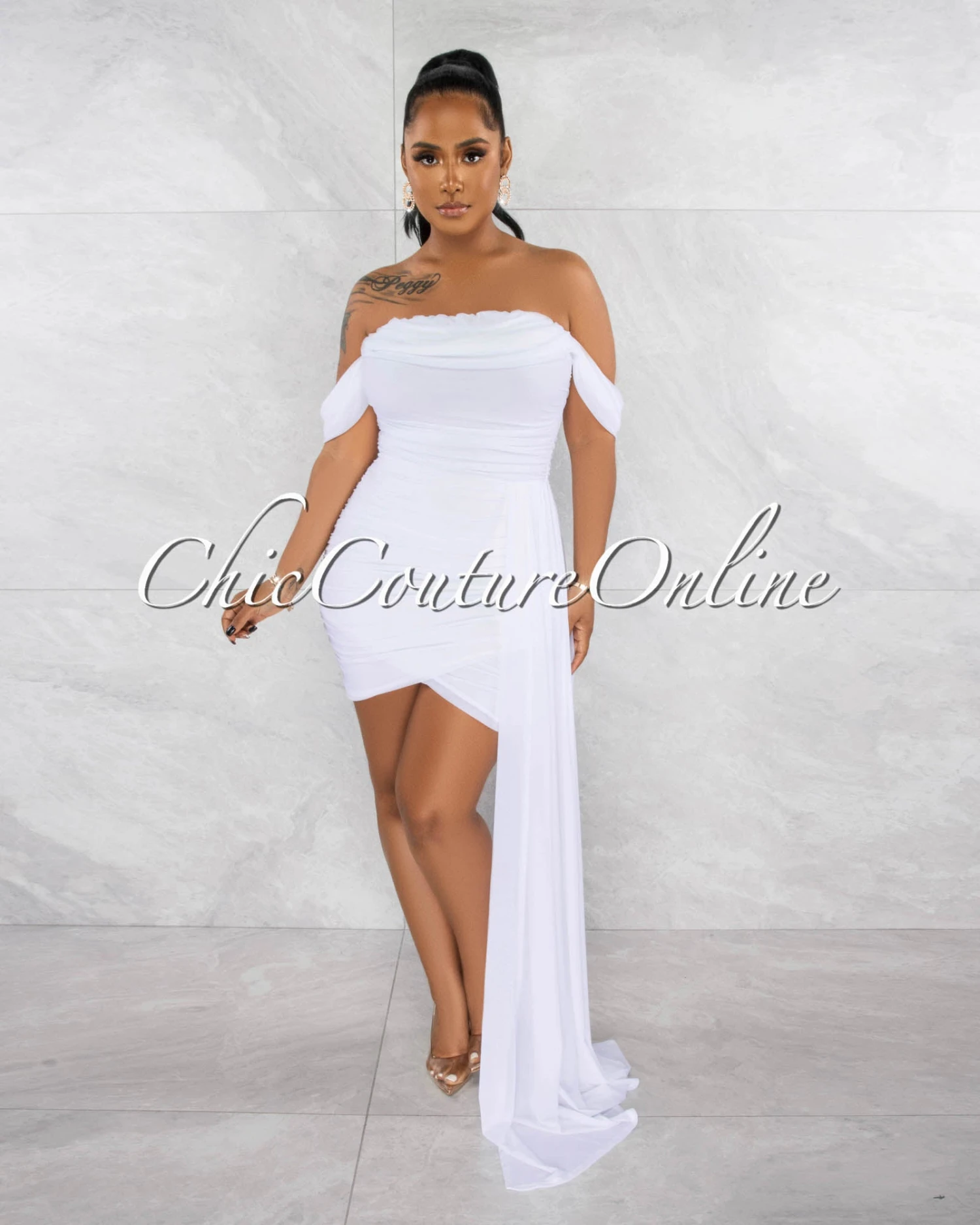 Cammy Off-White Ruched Mesh Off-The Shoulders Train Dress