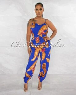 Mercy Blue Brown Leaf Print Jogger Jumpsuit