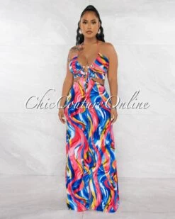 Coleen Multi-Color Print Gold Accent Cut-Out Jumpsuit