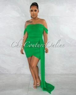 Cammy Green Ruched Mesh Off-The Shoulders Train Dress