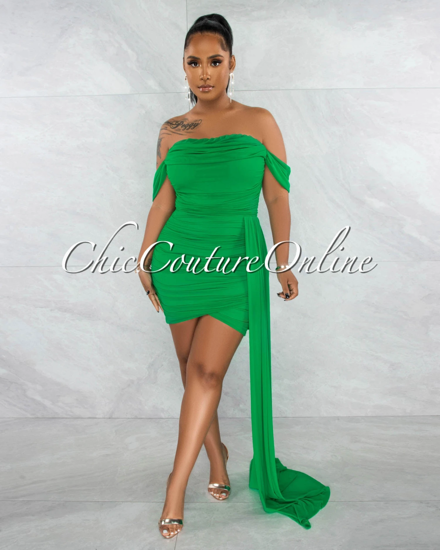 Cammy Green Ruched Mesh Off-The Shoulders Train Dress - Image 2