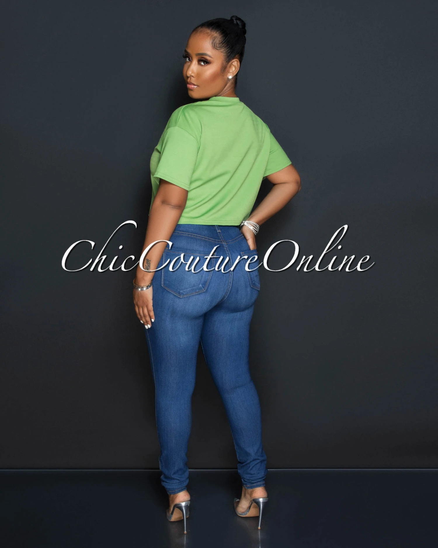 Valeria Green Front Rhinestones & Pearl Graphic Crop Shirt - Image 3