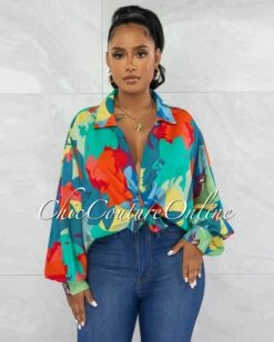 Zeraldina Green Print Front Tie Blouse