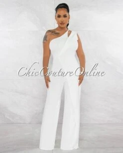 River Off-White Single Shoulder Overlay Leg Jumpsuit