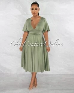 Naradia Olive Green Draped Waistband Midi Dress