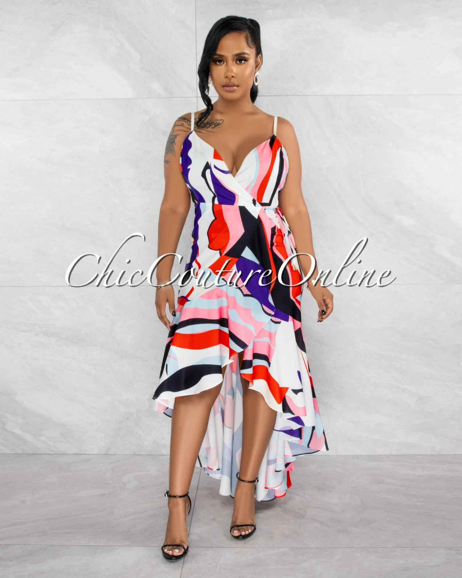 Rivers White Multi-Color Print Wrap Ruffle Maxi Dress